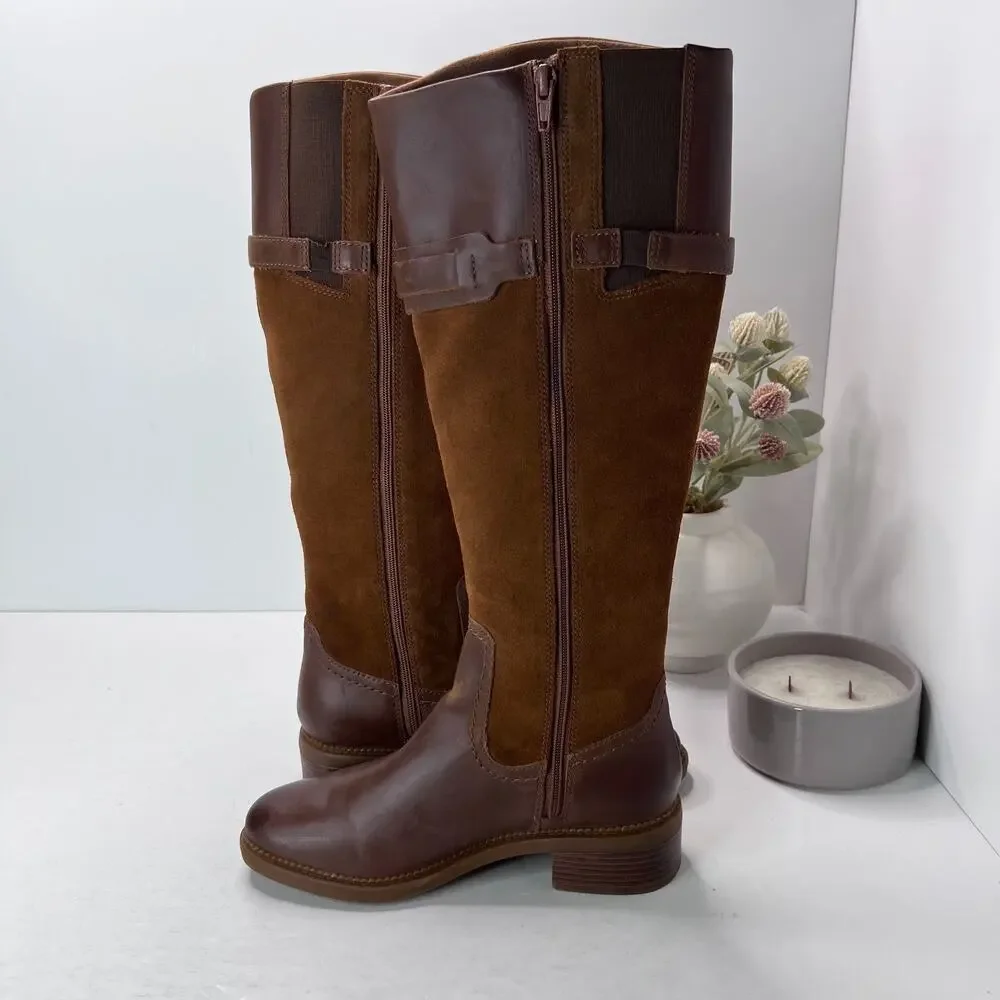 Clarks Maye Carly Leather/Suede Knee High Boots Buckle Detail Brown Women's 6M